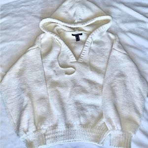 Forever 21 Cream V-Neck Hooded Sweater